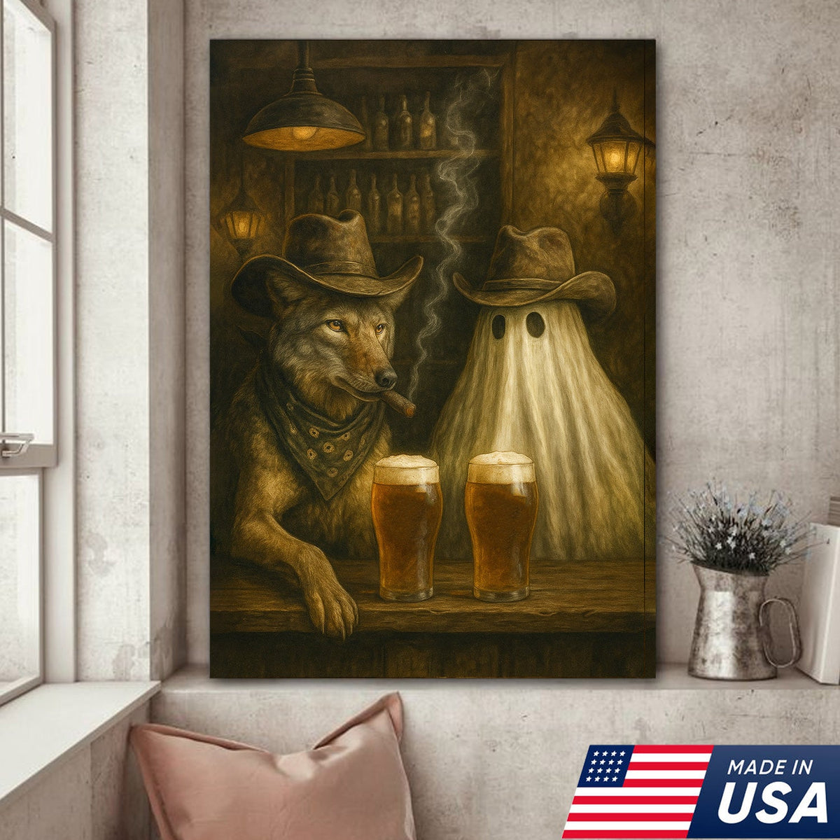 Cowboy Wolf & Ghost Canvas – Rustic Western Bar Wall Art for Halloween