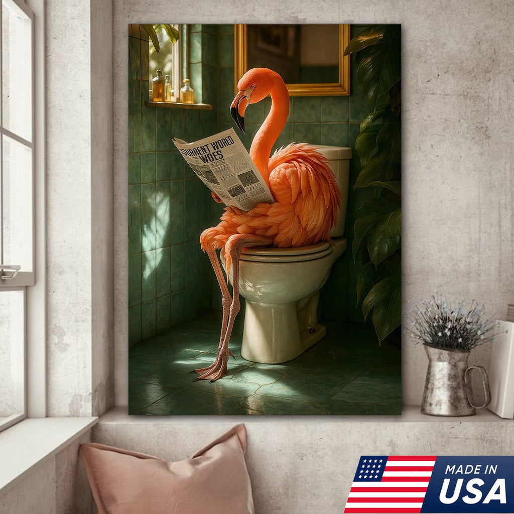 Funny Flamingo Bathroom Canvas Wall Art – Quirky Bird Reading Newspaper Print