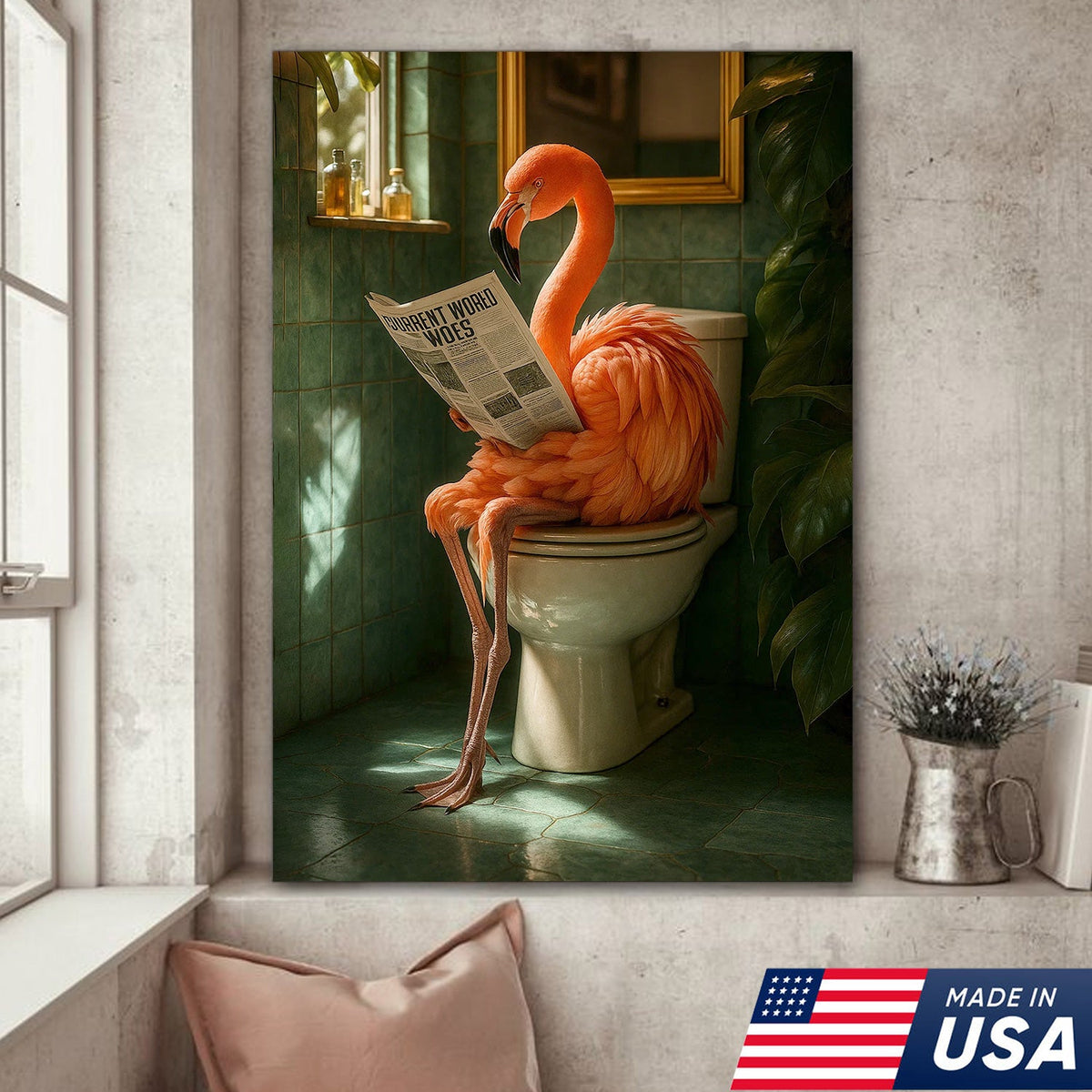 Funny Flamingo Bathroom Canvas Wall Art – Quirky Bird Reading Newspaper Print