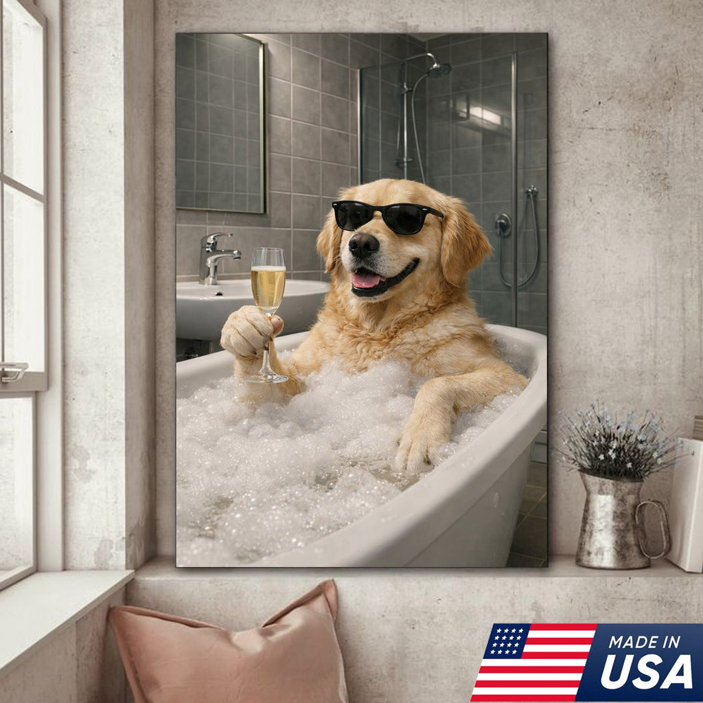 Golden Retriever Bath Canvas Wall Art, Funny Dog Bathroom Decor