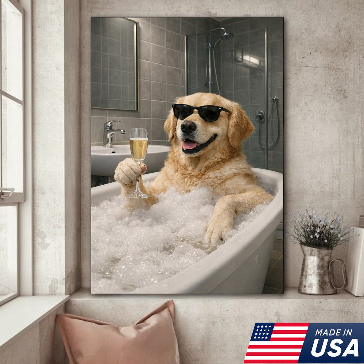 Golden Retriever Bath Canvas Wall Art, Funny Dog Bathroom Decor