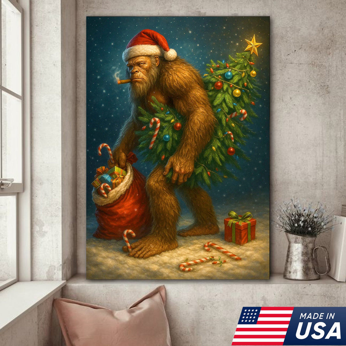 Funny Bigfoot Christmas Canvas Art, Sasquatch Holiday Wall Decor with Candy Canes