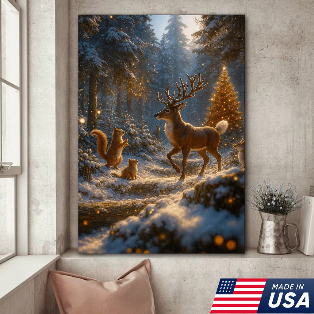 Christmas Deer Forest Wall Art Canvas – Magical Winter Woodland Print