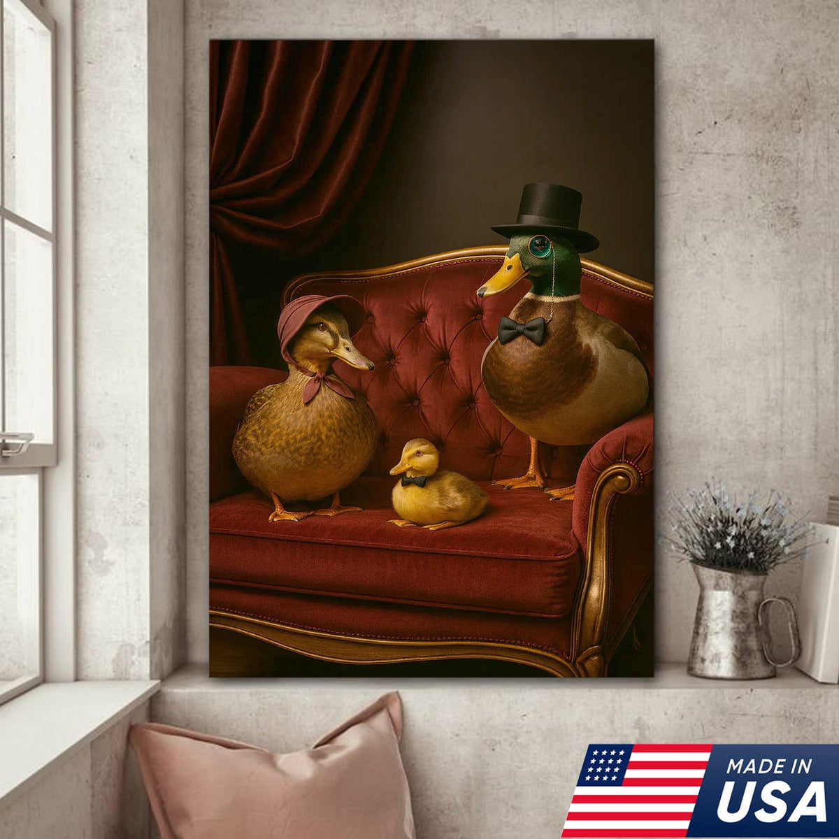 Victorian Duck Family Canvas Wall Art, Whimsical Anthropomorphic Birds Artwork