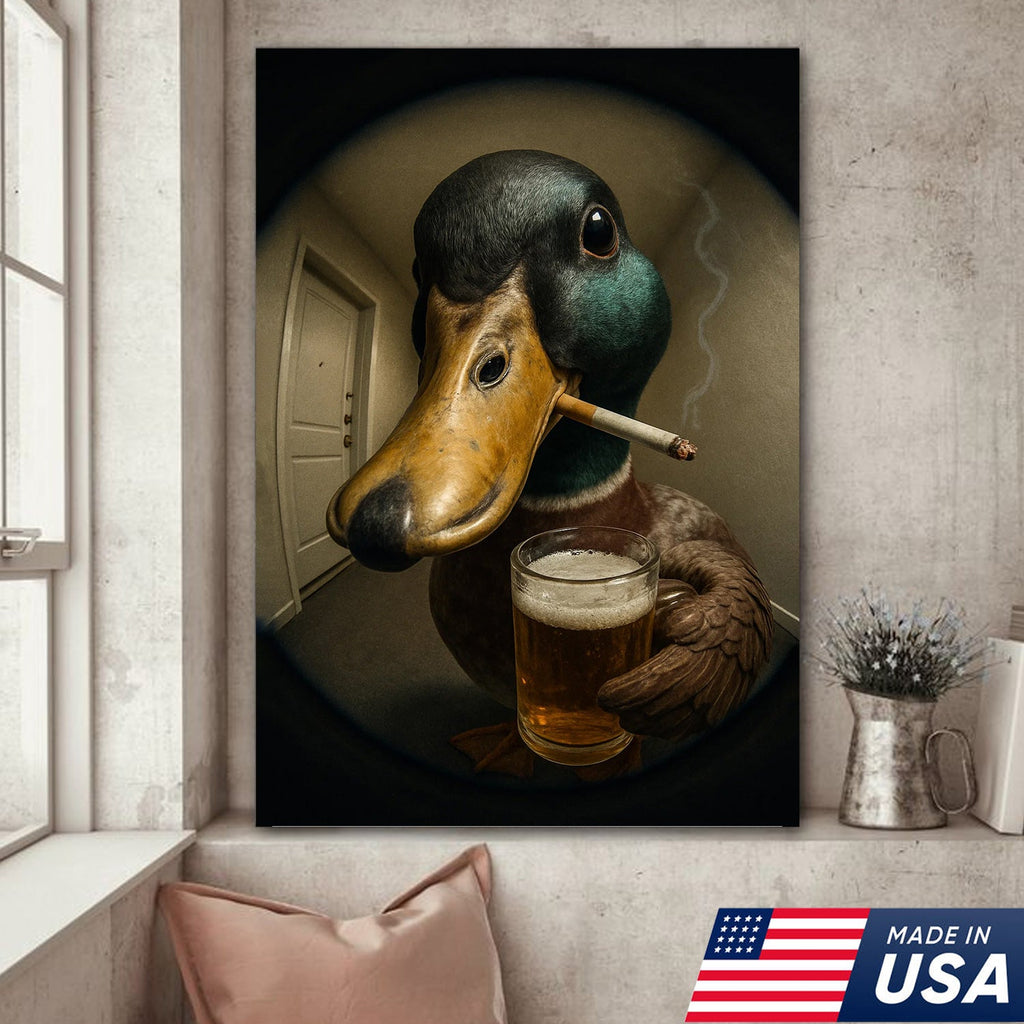 Mallard Duck Fisheye Canvas Wall Art – Funny Close-Up Door Peephole Portrait with Beer Glass