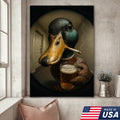 Mallard Duck Fisheye Canvas Wall Art – Funny Close-Up Door Peephole Portrait with Beer Glass