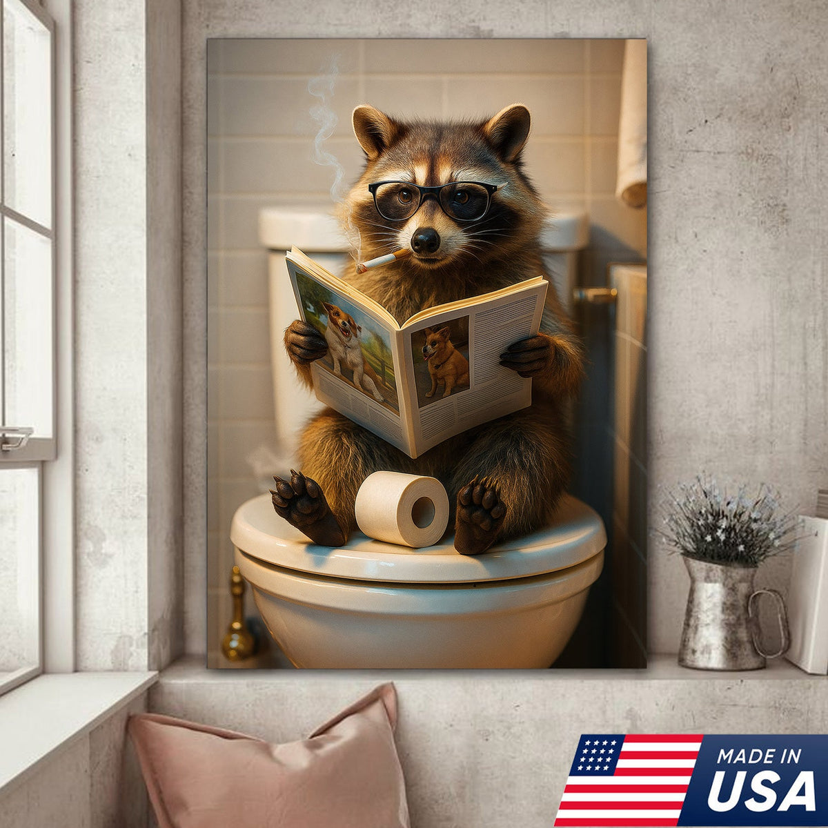 Funny Raccoon On Toilet Canvas – Smoking Raccoon Reading on Toilet, Bathroom Humor Wall Art