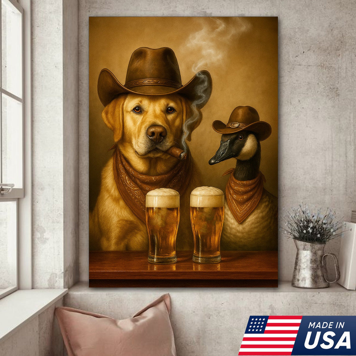 Funny Cowboy Dog & Goose Canvas Wall Art – Funny Beer & Smoking Western Decor for Hunters