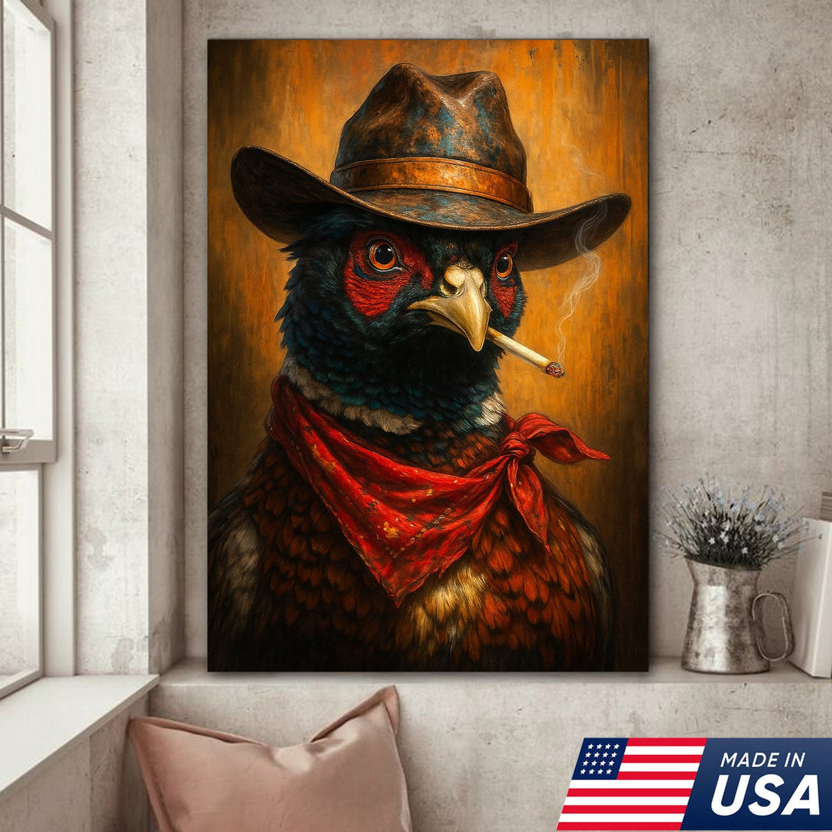 Smoking Pheasant Cowboy Portrait Canvas – Rustic Western Wall Art for Man Cave Decor