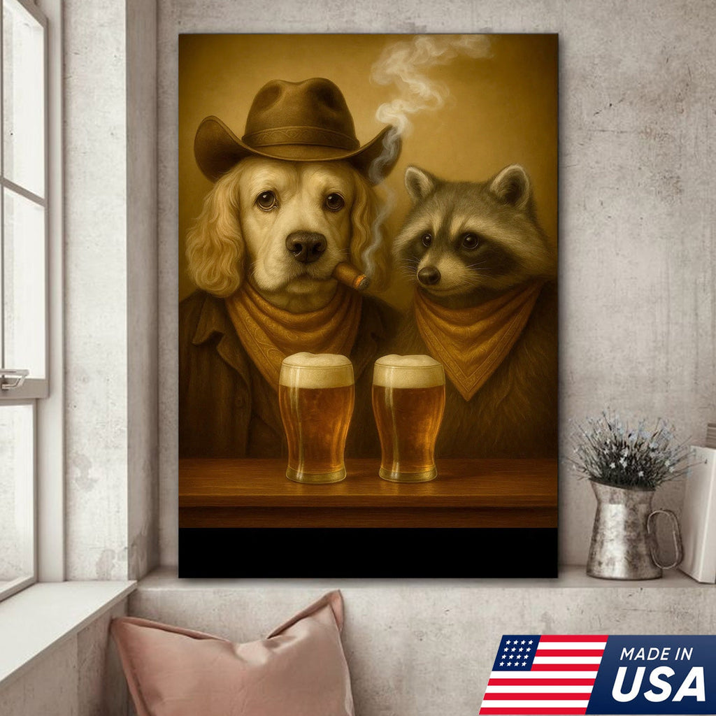 Funny Dog & Raccoon Bar Art – Cowboy Dog Smoking Cigar, Beer Buddies Wall Decor Gift for Men