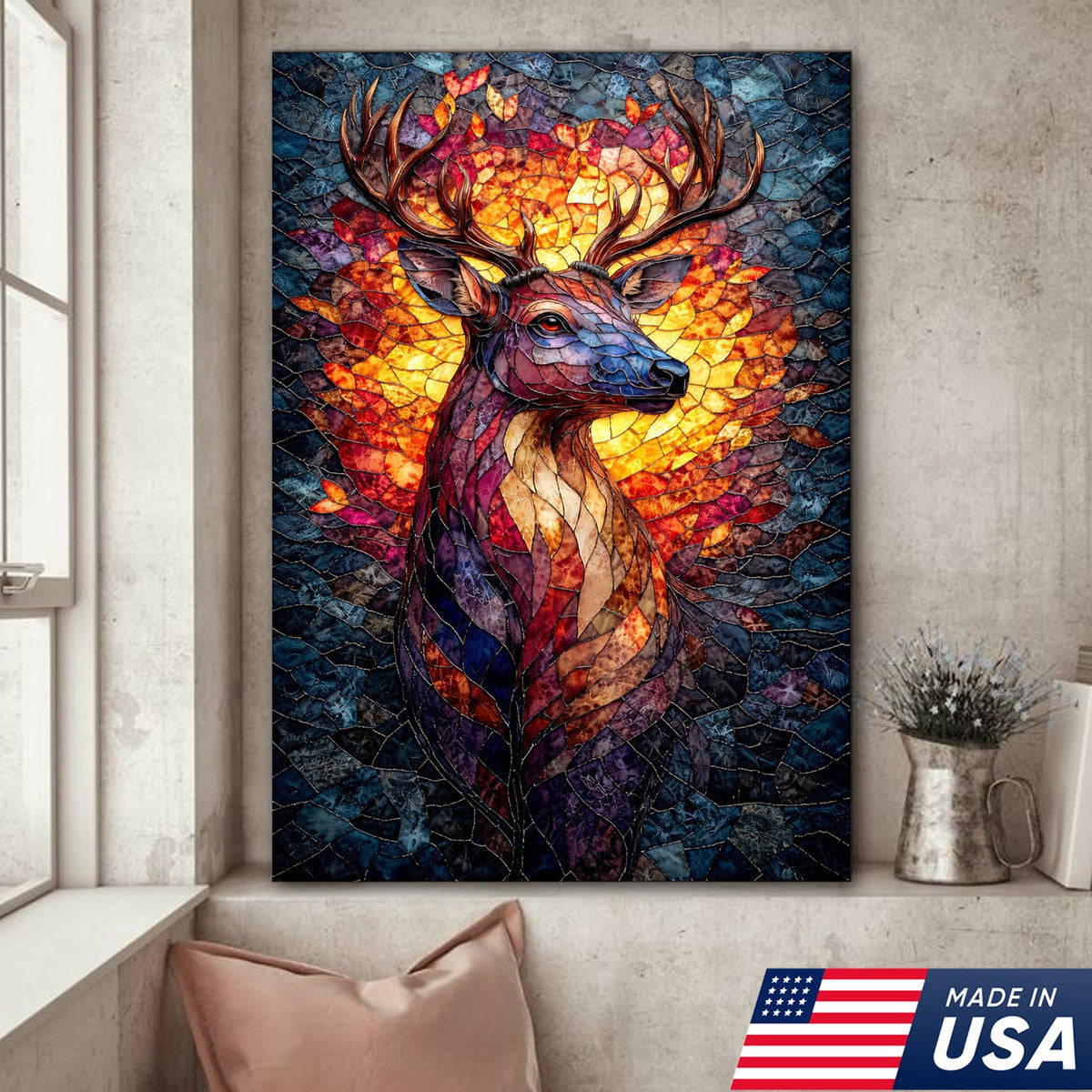 Stained Glass Deer Canvas Wall Art, Colorful Mosaic Animal Portrait