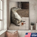 Funny Crocodile Smoking & Drinking Coffee Canvas Wall Art, Dark Humor Animal Illustration
