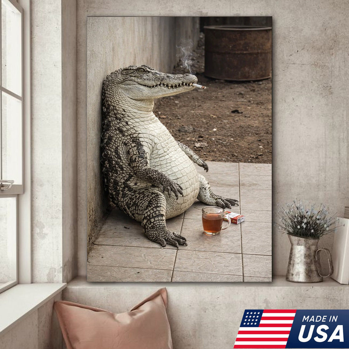 Funny Crocodile Smoking & Drinking Coffee Canvas Wall Art, Dark Humor Animal Illustration