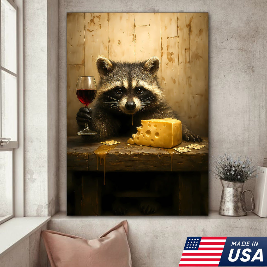 Raccoon with Wine and Cheese Canvas – Funny Bar Wall Art, Gentleman Gift for Men