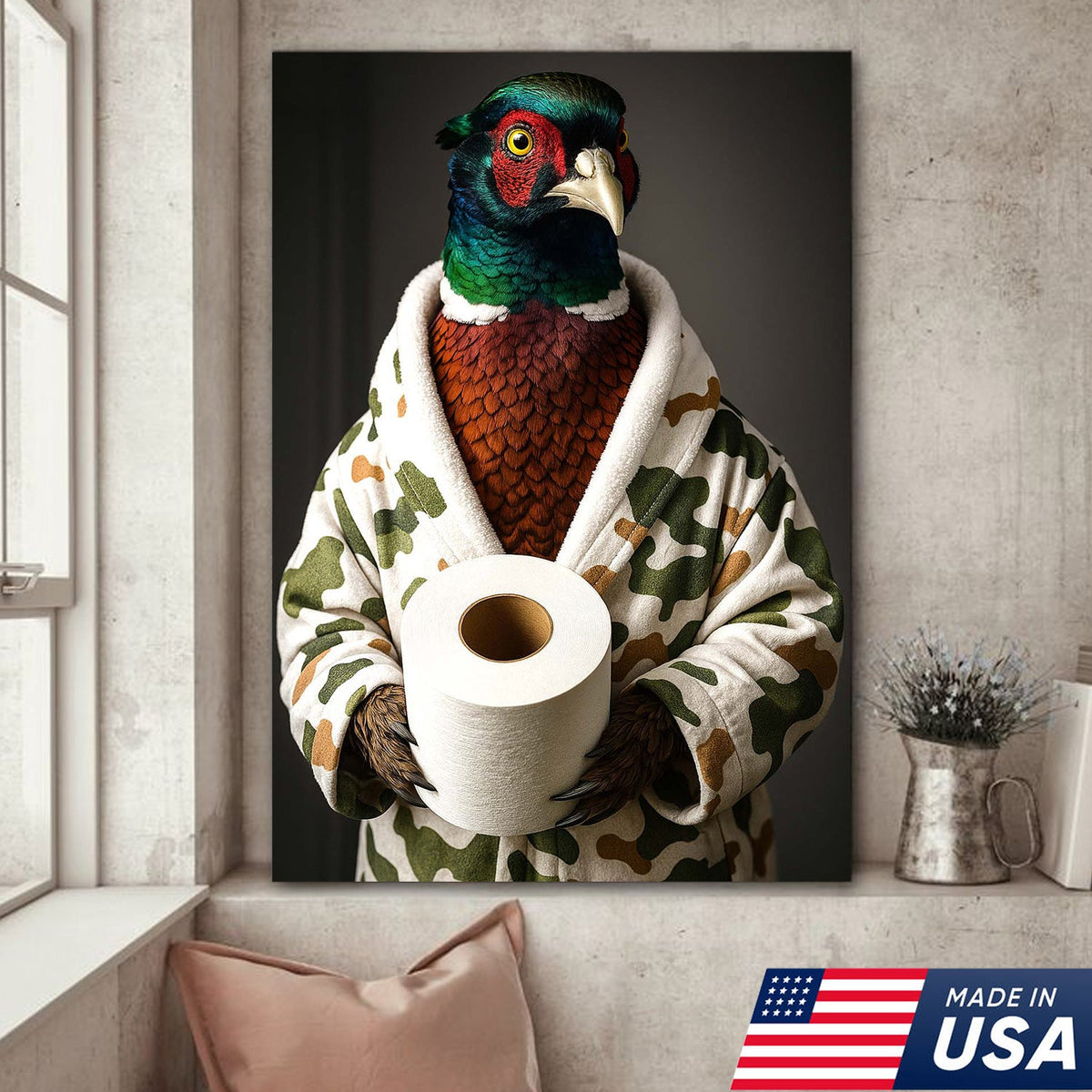 Funny Pheasant Bathroom Wall Art – Camo Robe Bird Holding Toilet Paper Print