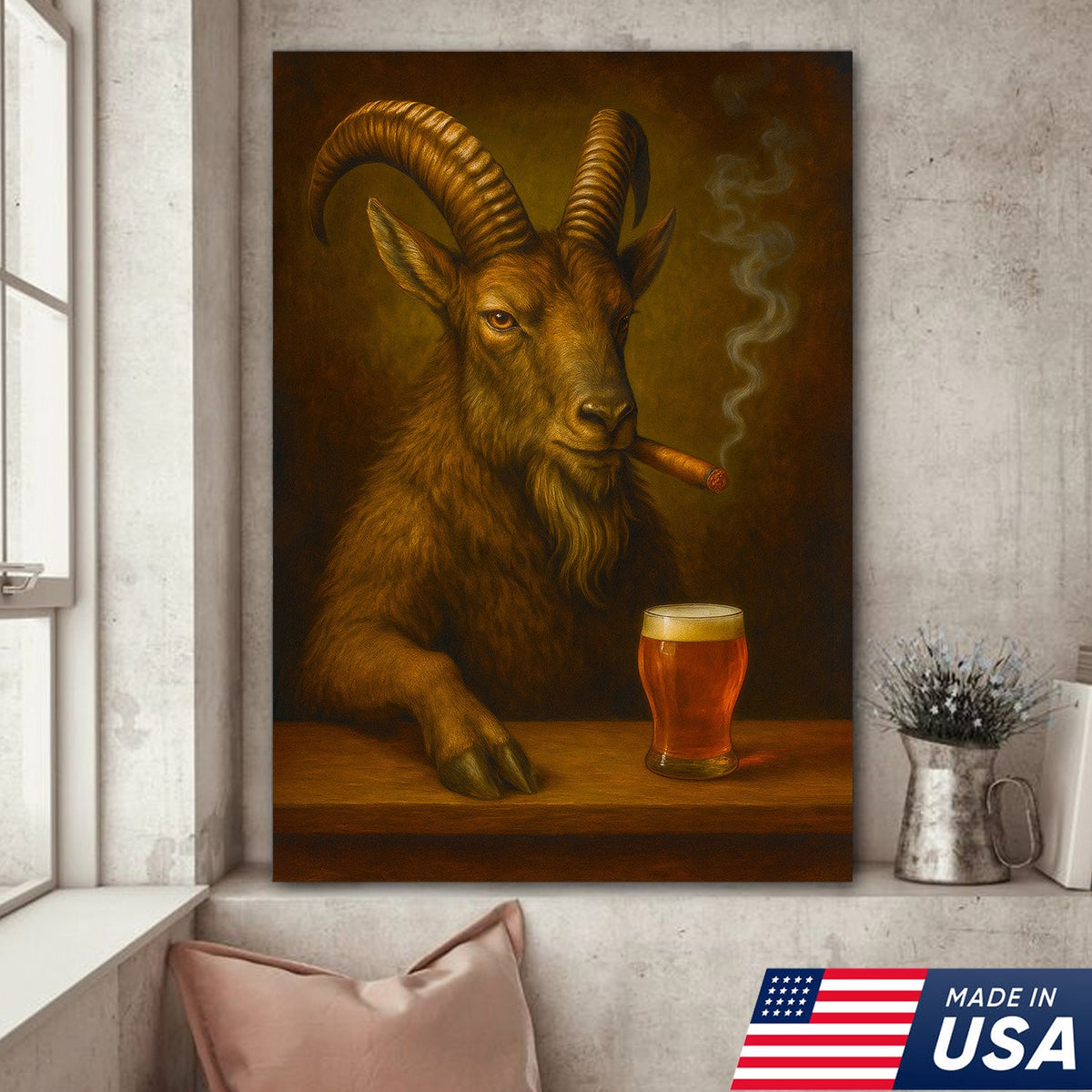 Funny Mountain Goat Smoking And Beer Canvas Wall Art - Hunting Perfect Gift for Hunters