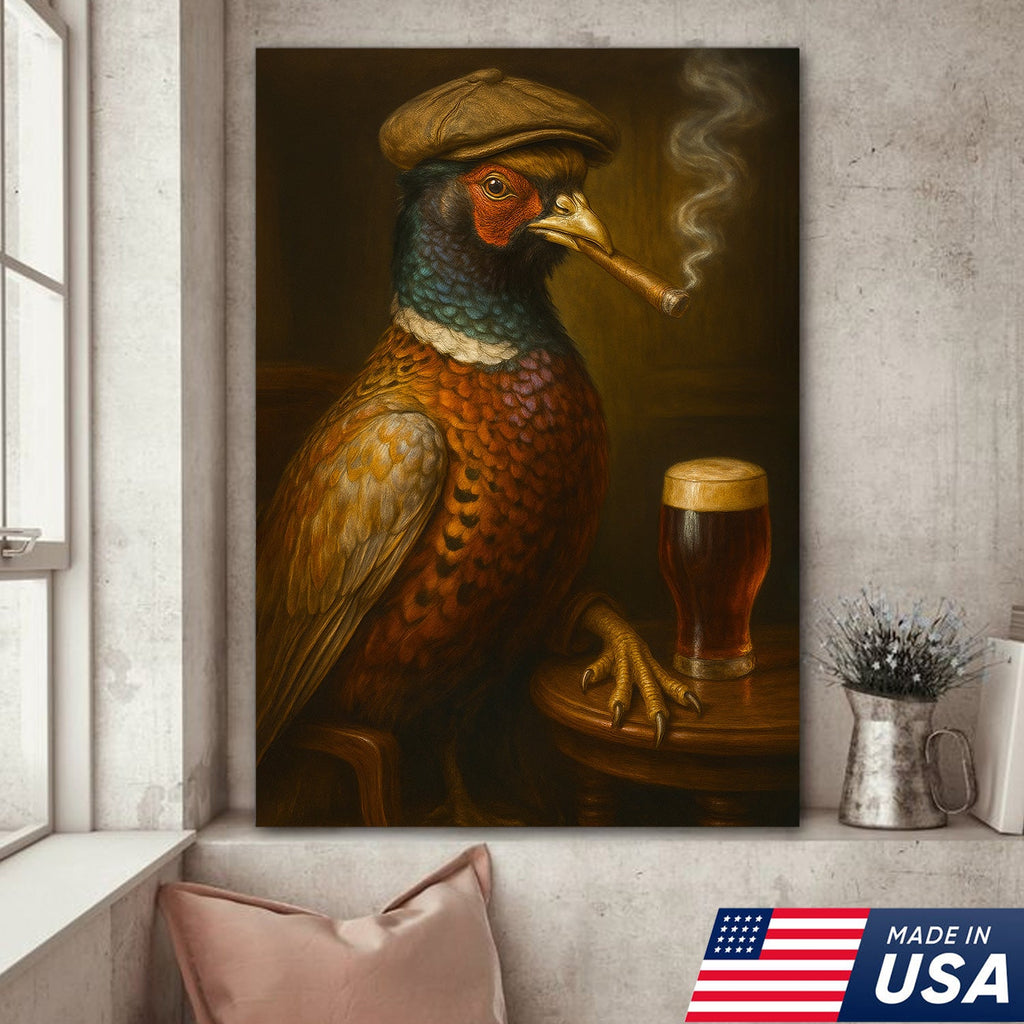Pheasant Beer & Smoking Canvas – Funny Rustic Wall Art for Hunters, Bar & Man Cave Decor