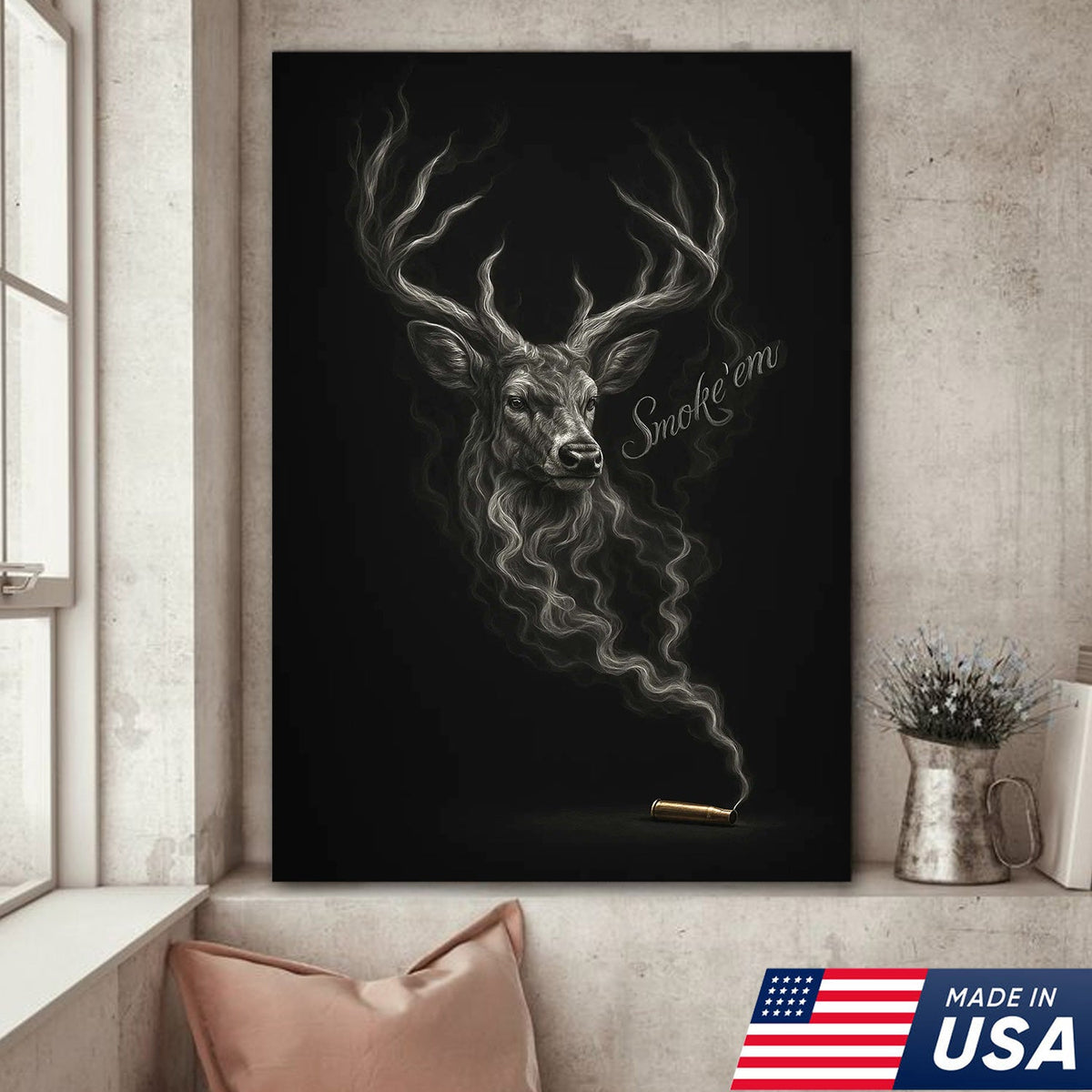 Smoke ’Em Deer Canvas, Rustic Hunter Wall Art, Smoky Buck Skull Design