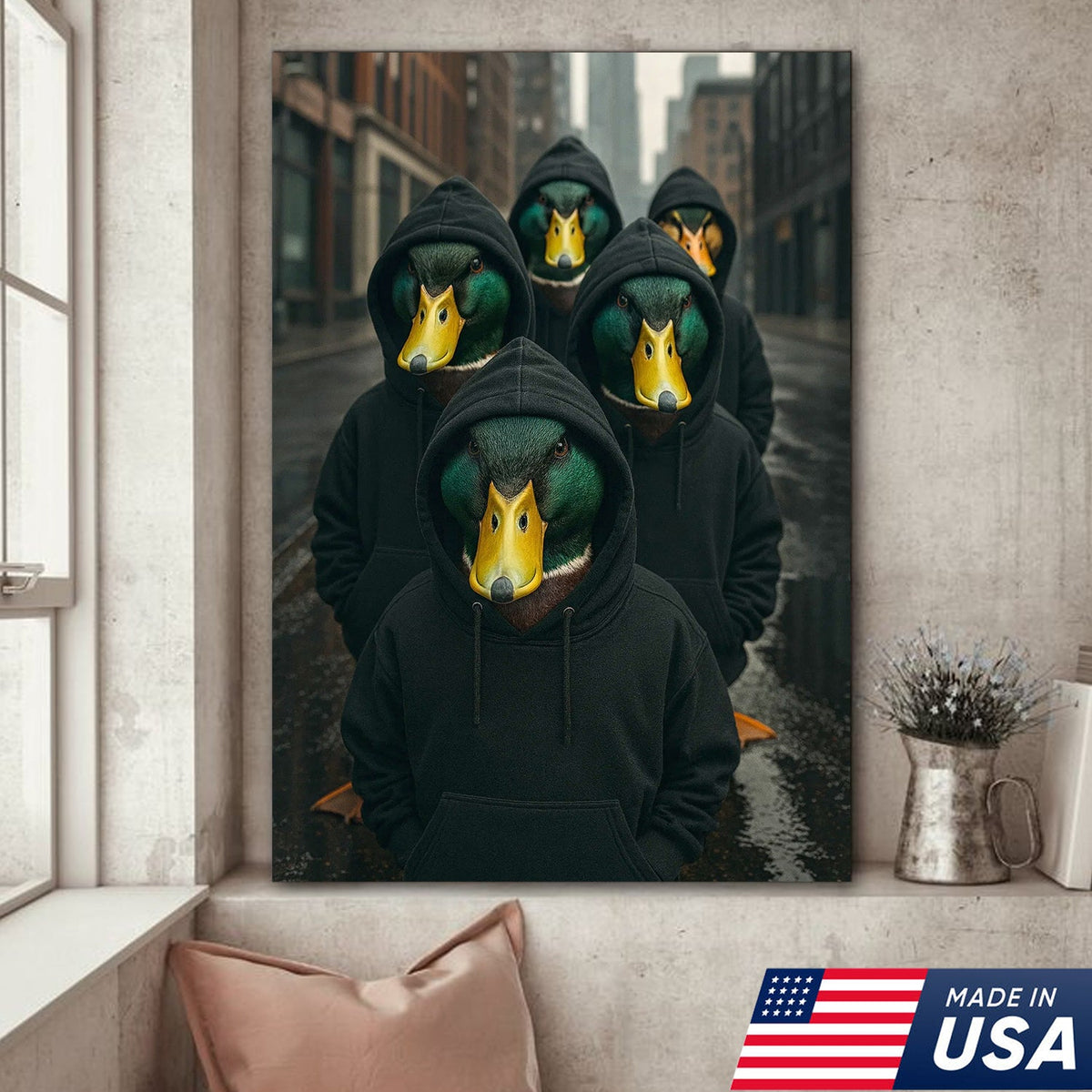 Urban Duck Gang Canvas Wall Art, Hooded Anthropomorphic Ducks Artwork