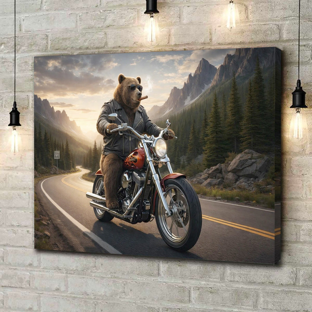 Cool Biker Bear Canvas Wall Art, Motorcycle Bear Riding Scenic Mountain Highway