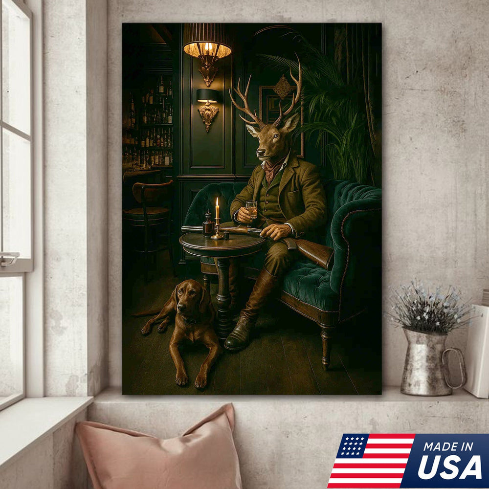 Vintage Deer Hunter Canvas Wall Art - Anthropomorphic Stag with Dog in Rustic Lounge