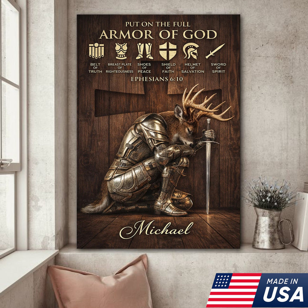Personalized Armor of God Deer Knight Canvas Wall Art, Christian Ephesians 6:10 Scripture Artwork