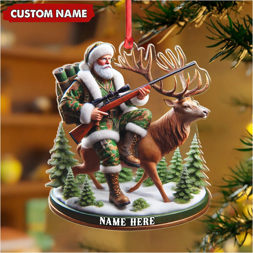 Personalized Acrylic Hunter Santa Riding Deer Christmas Ornament - Custom Hunting Gift Decoration