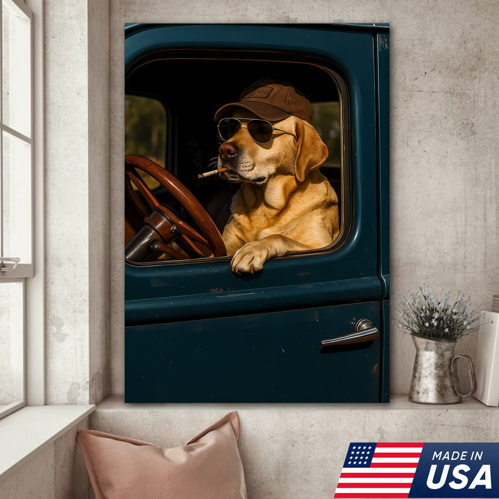 Cool Labrador Driver Canvas – Funny Country Dog Wall Art for Hunters