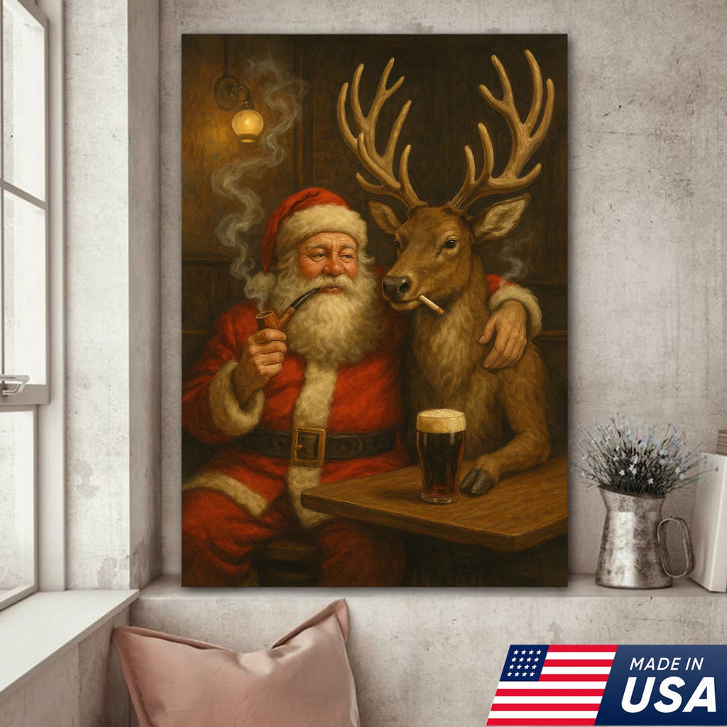 Funny Santa and Reindeer Wall Art Canvas – Rustic Christmas Lodge Decor