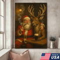 Funny Santa and Reindeer Wall Art Canvas – Rustic Christmas Lodge Decor