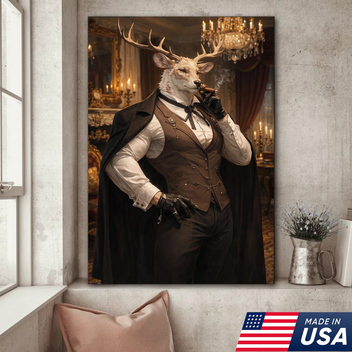 Victorian Deer Gentleman Canvas Wall Art, Elegant Stag Portrait Illustration