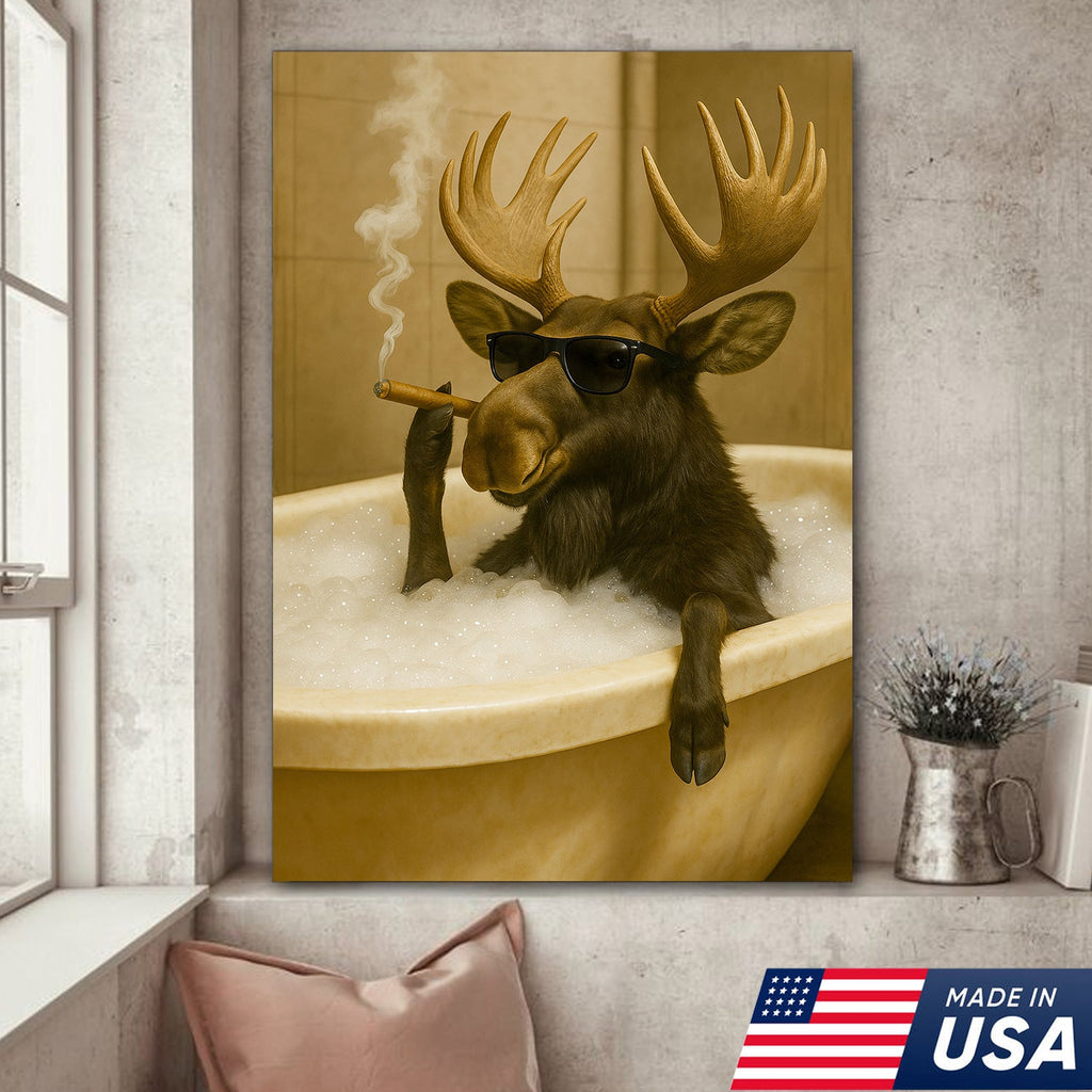Rustic Bathroom Humor Moose Canvas – Smoking Bubble Bath Wall Art for Hunting Cabin