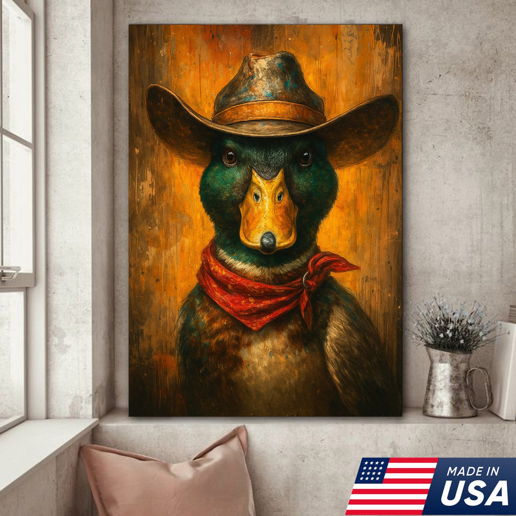 Cowboy Duck Portrait Canvas – Rustic Western Wall Art for Man Cave & Lodge Decor