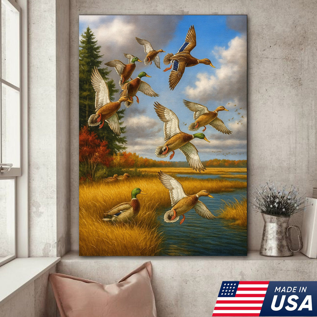 Mallard Ducks Flying Wall Art Canvas – Vintage Waterfowl Hunting Scene Canvas for Outdoorsmen