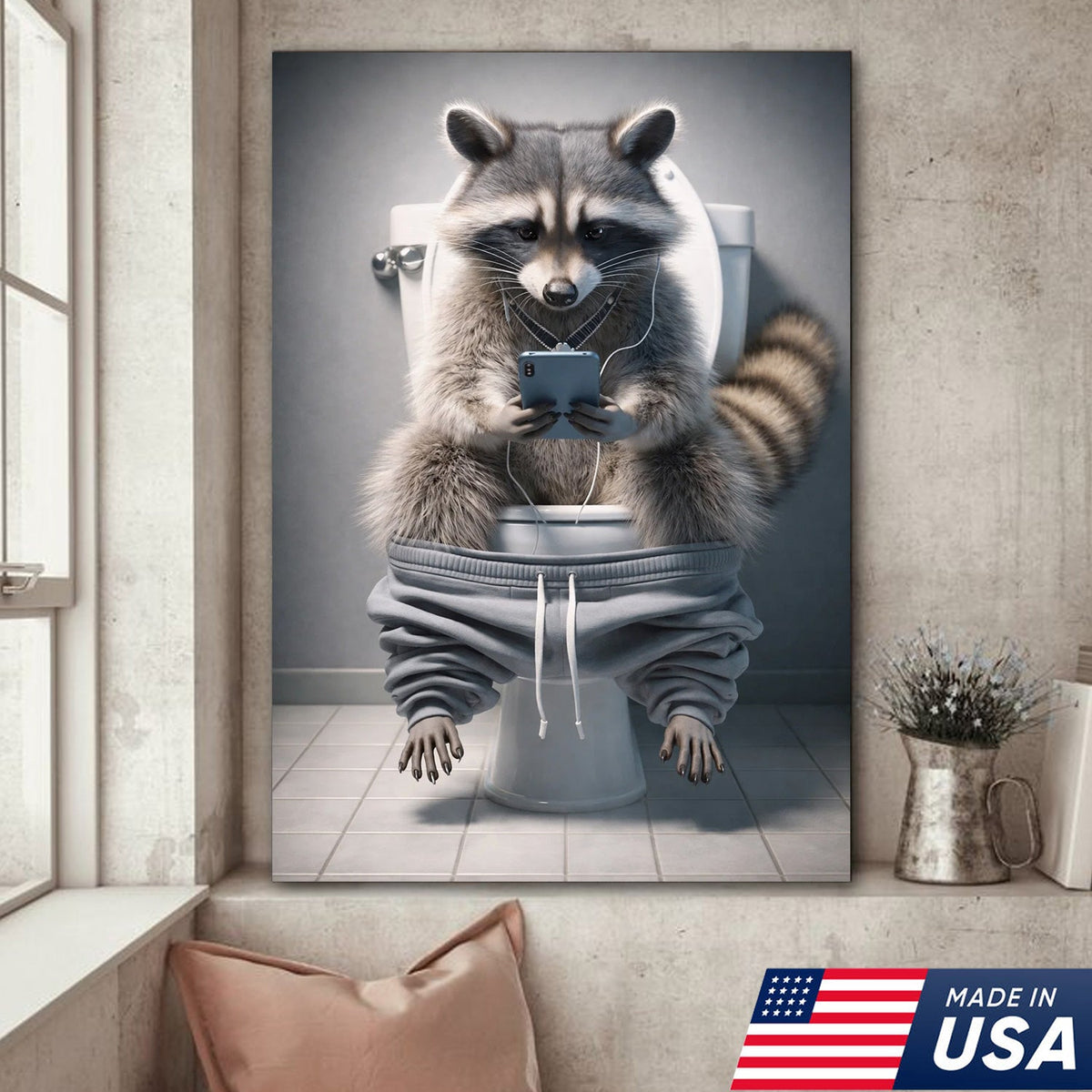 Funny Raccoon Toilet Canvas, Bathroom Humor Wall Art, Animal Decor