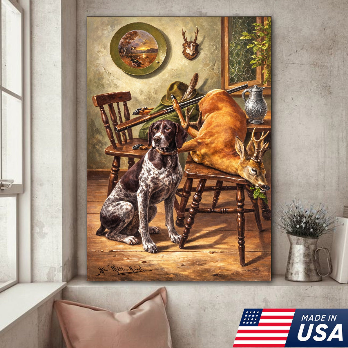 Vintage Hunting Dog and Deer Canvas Wall Art – Classic Sporting Cabin Scene Print with Rifle