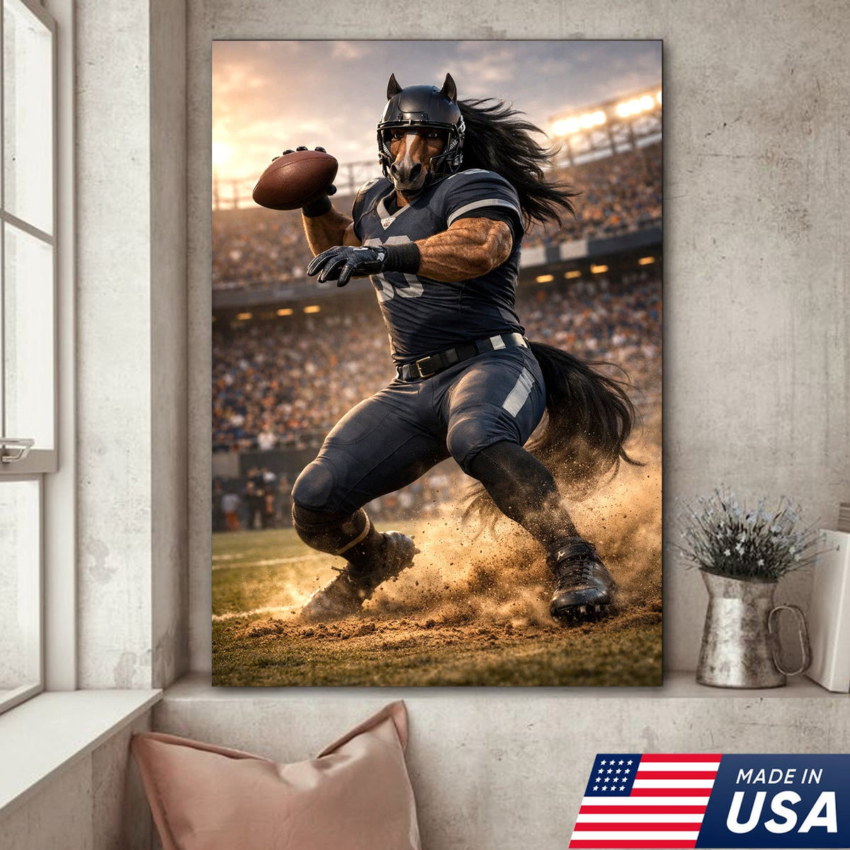 Dark Stallion Football Canvas Wall Art – Powerful Horse Athlete Stadium Action Print