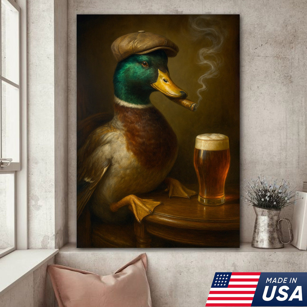 Mallard Duck Gentle Beer Smoking Canvas – Funny Rustic Wall Art for Hunters, Cabin, Bar & Man Cave
