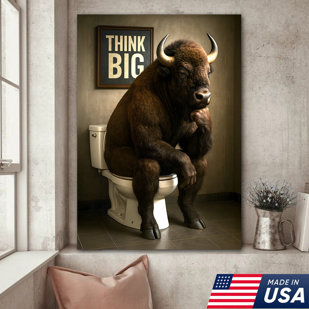 Funny Buffalo Bathroom Wall Art – Think Big Bison Canvas, Rustic Farmhouse Animal Decor