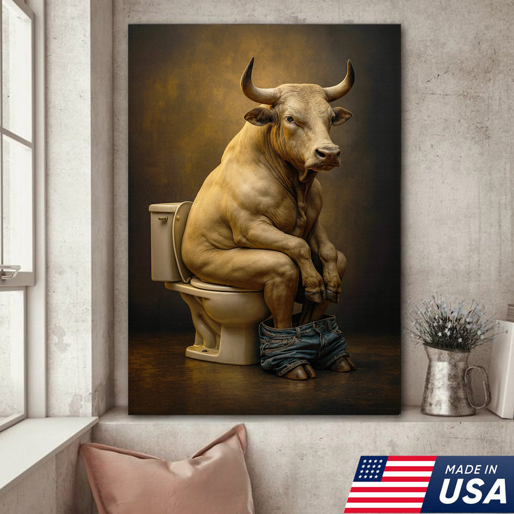 Funny Bull on Toilet Wall Art Canvas – Hilarious Farmhouse Bathroom Decor for Men & Guests