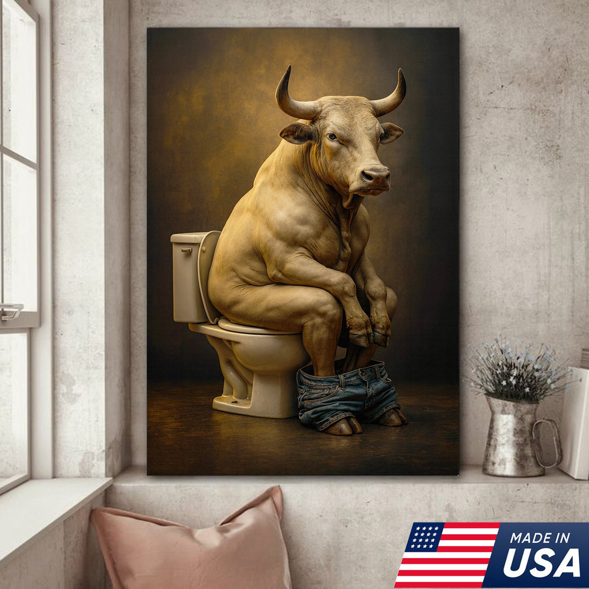 Funny Bull on Toilet Wall Art Canvas – Hilarious Farmhouse Bathroom Decor for Men & Guests