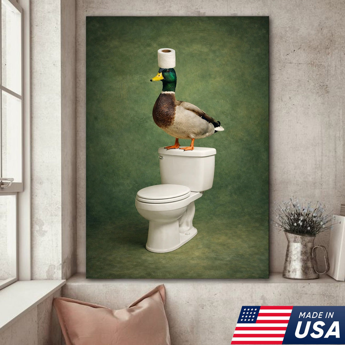 Funny Duck Bathroom Wall Art, Duck on Toilet Bathroom Canvas