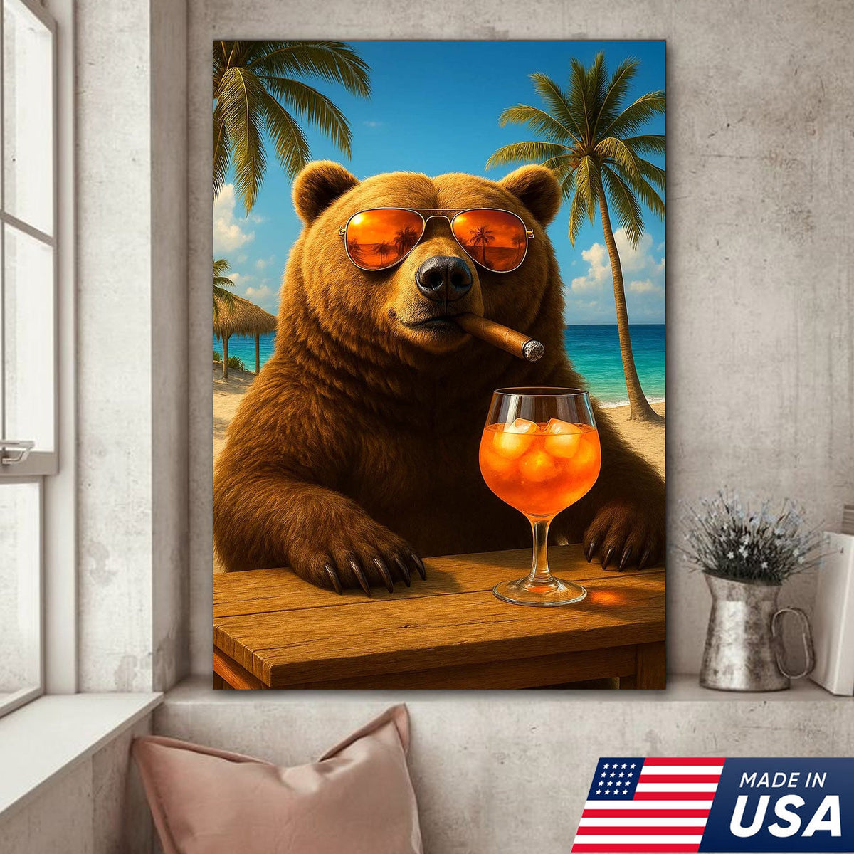 Beach Bear Wall Art Canvas, Cool Sunglasses Bear Tropical Vacation Decor
