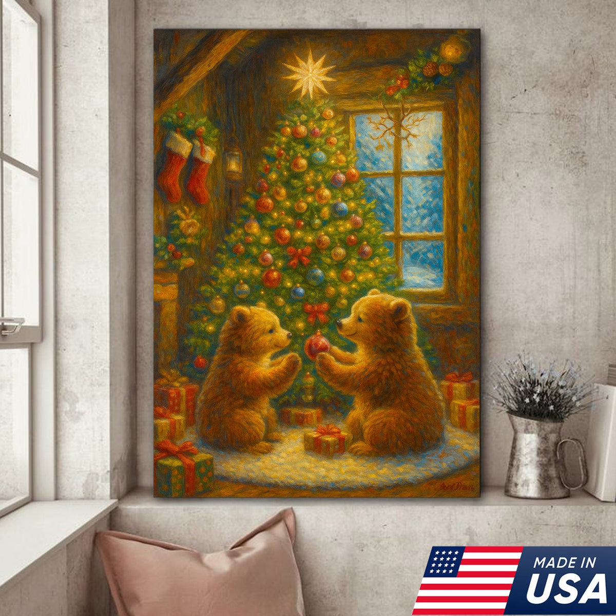 Christmas Bear Cubs Wall Art Canvas — Cozy Holiday Tree Scene, Cute Winter Animal Wall Decor