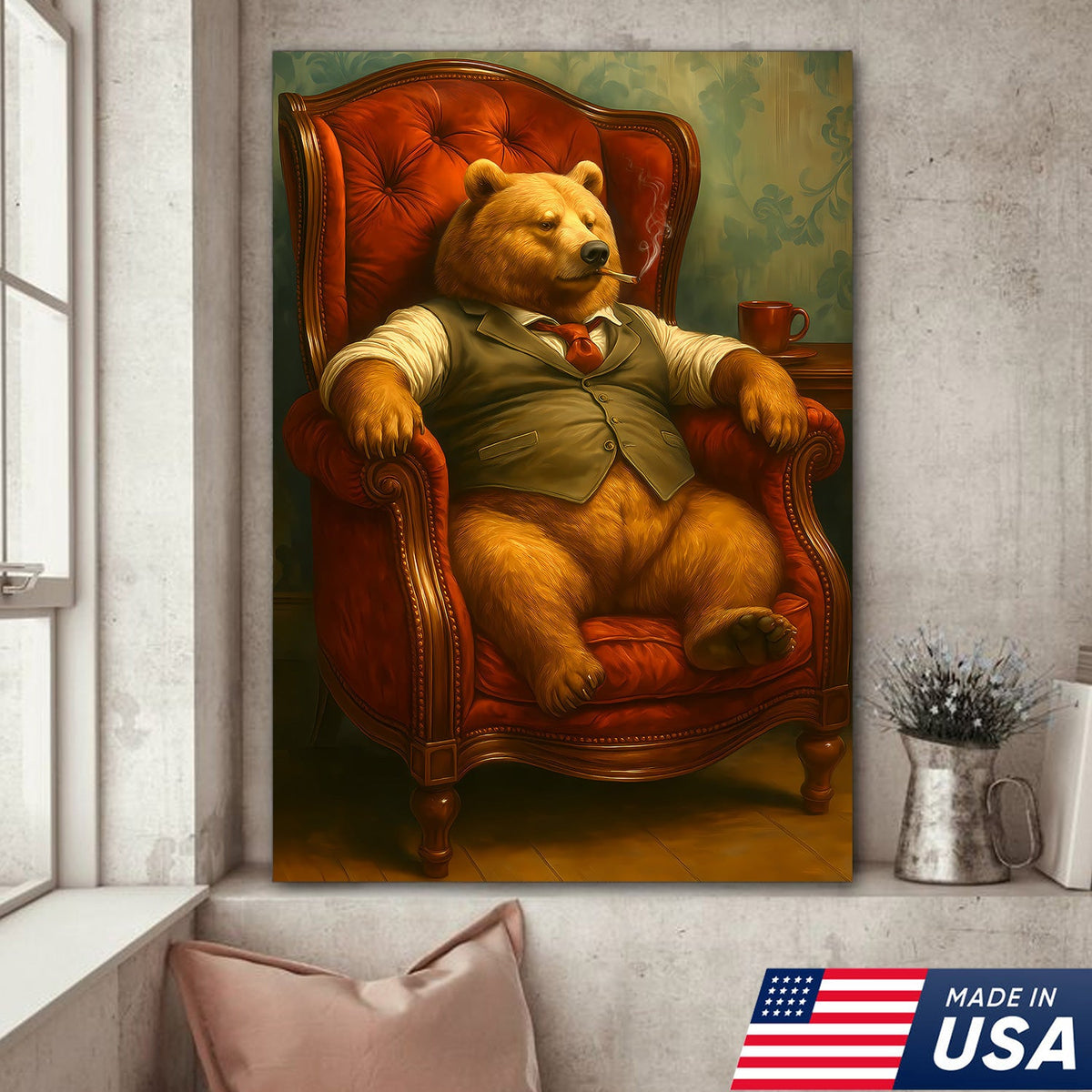 Gentleman Bear Sitting in Chair Canvas Art – Funny Gift for Men Who Love Class & Chill Vibes