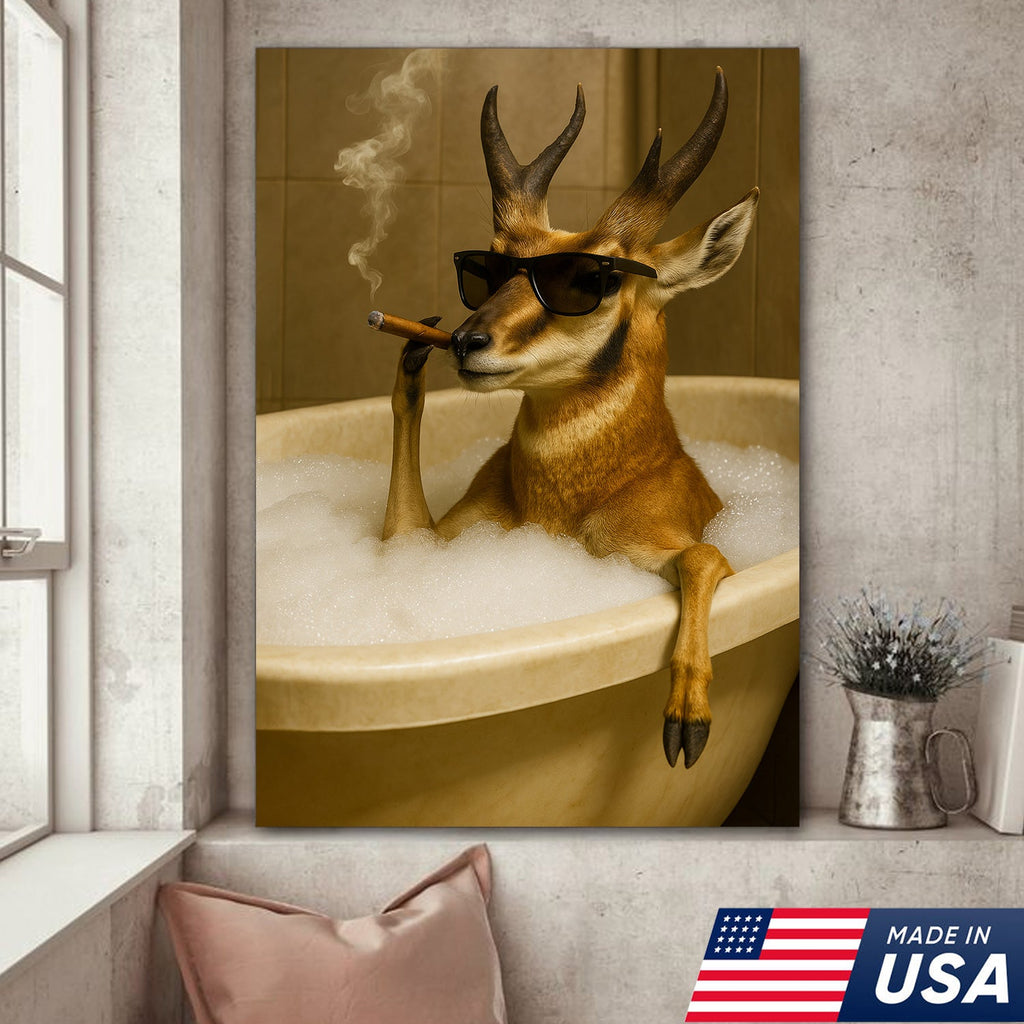 Funny Pronghorn Antelope Smoking Canvas Wall Art – Cool Bathtub & Cigar Gift for Hunters