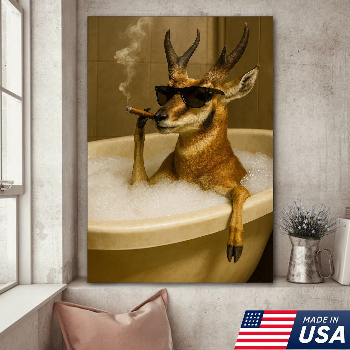 Funny Pronghorn Antelope Smoking Canvas Wall Art – Cool Bathtub & Cigar Gift for Hunters