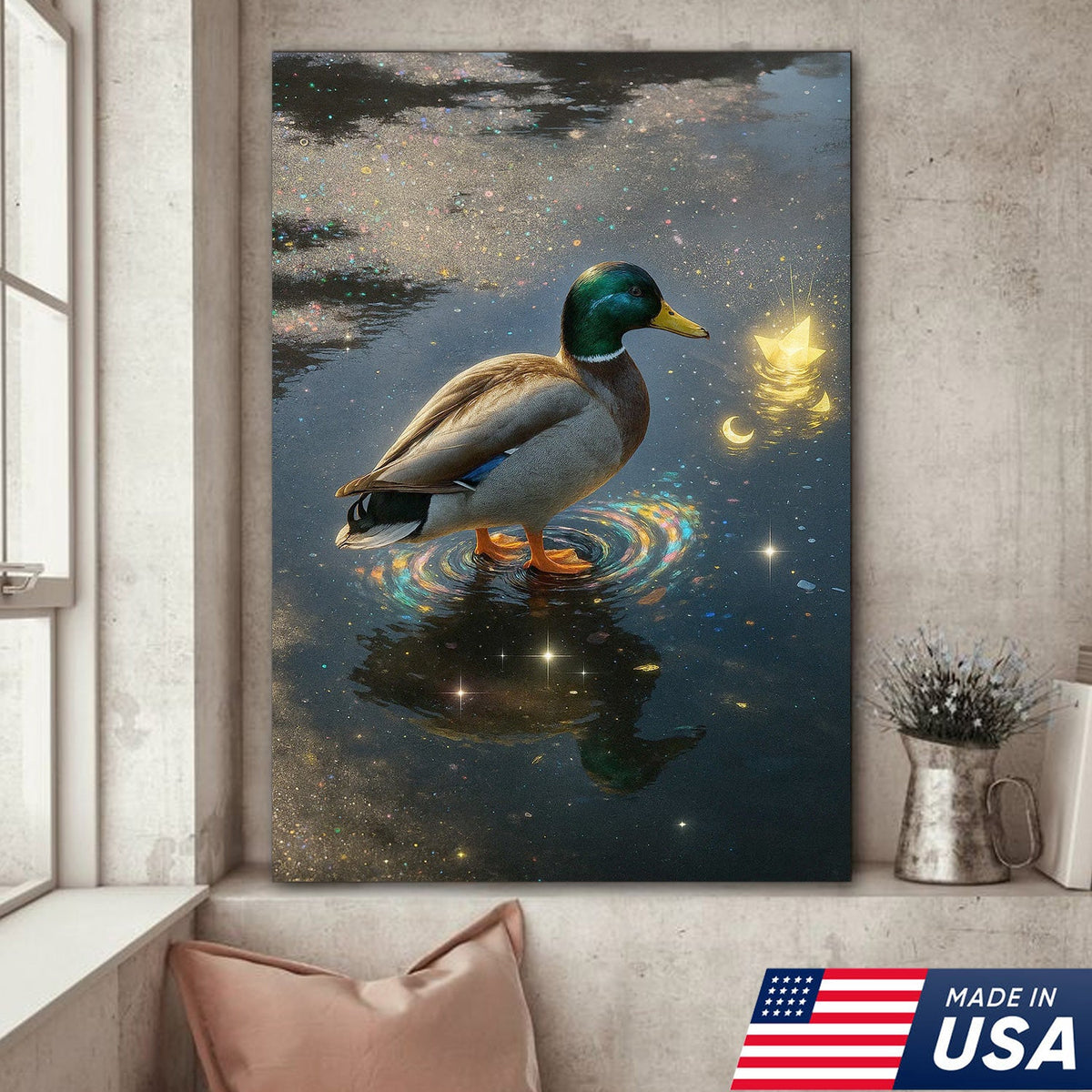 Magical Duck Canvas Art – Enchanted Night Water Scene with Glowing Stars