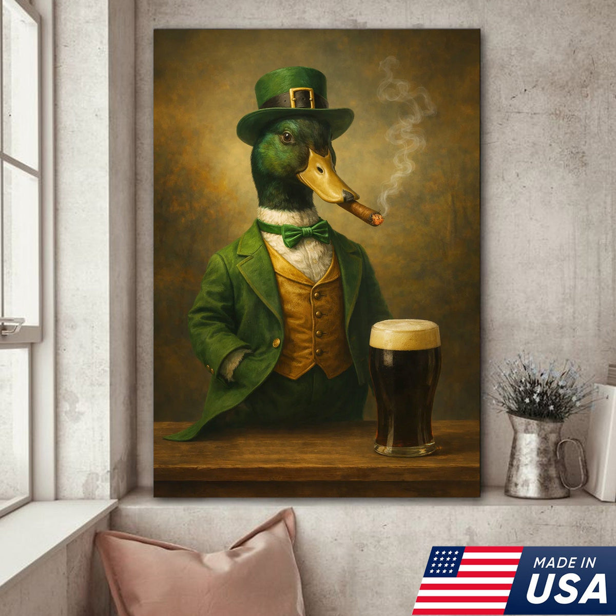 Vintage Irish Duck Canvas Wall Art, Gentleman Duck, Humorous Pub Animal Portrait
