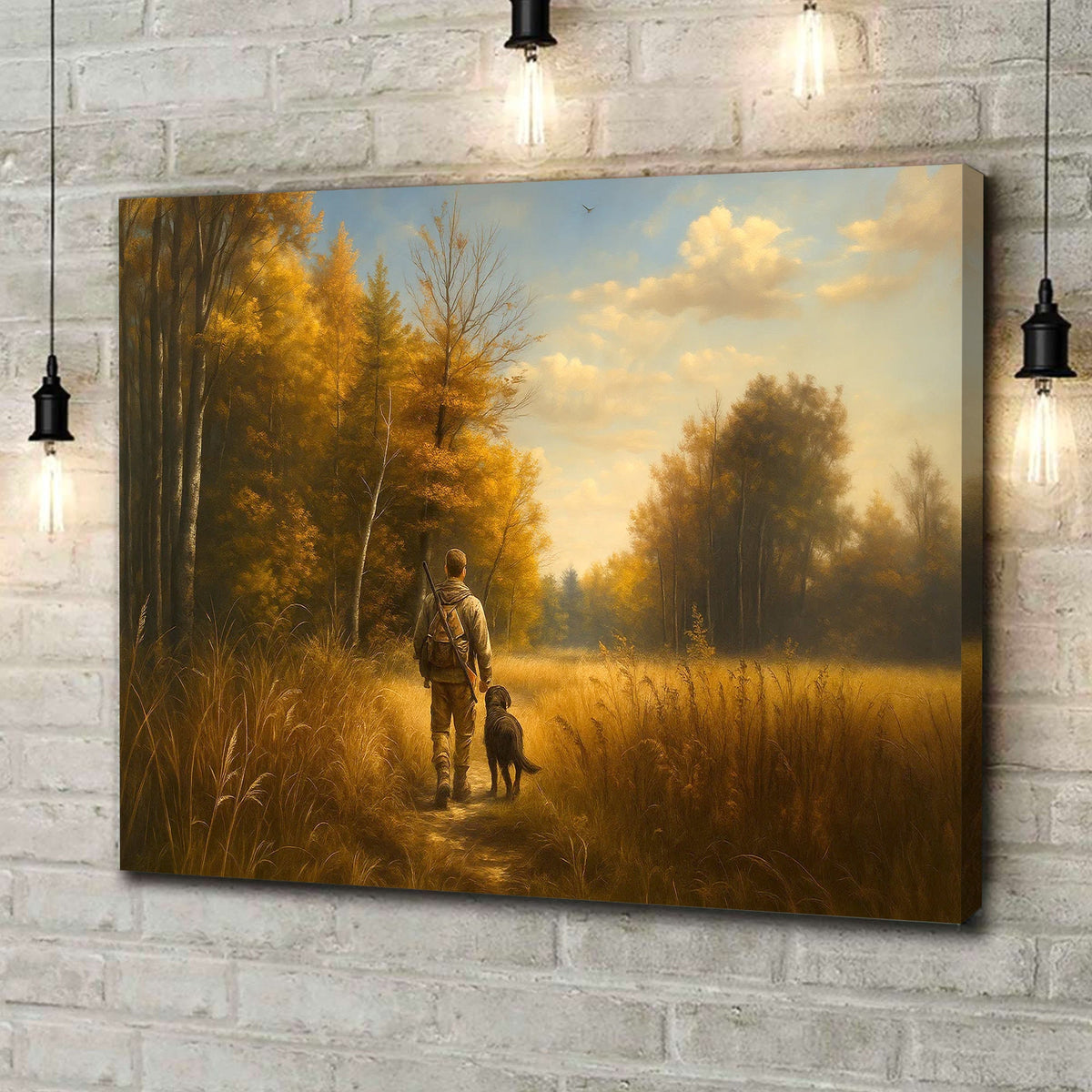 Hunting Canvas Wall Art – Hunter Walking with Dog in Autumn Forest – Rustic Wildlife Wall Decor